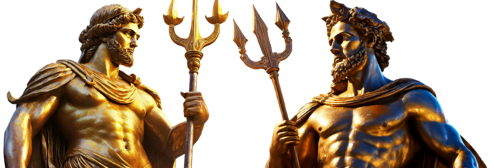 Ancient bronze statue of Neptune or Poseidon, Roman God of the sea and the water with the trident, isolated on white or transparent background, png. Generative Ai.