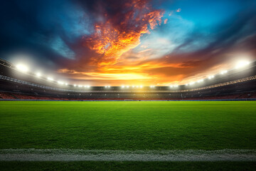 Soccer stadium with green grass, illumination lights and dramatic night sky