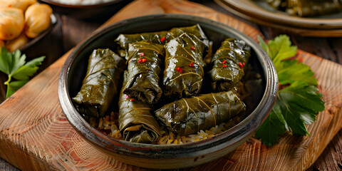 Delicious stuffed grape leaves traditional middle eastern dish dolma or sarma with parsley in black
 - obrazy, fototapety, plakaty