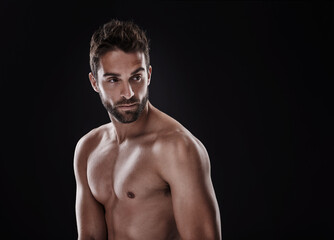 Fototapeta premium Thinking, muscle and body of man in studio isolated on a black background on mockup space for wellness, serious or naked. Abs, nude and topless male person, healthy and strong chest on a backdrop