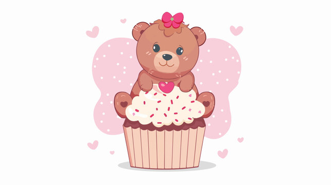 Cute baby girl teddy bear on top of cupcake Flat vector