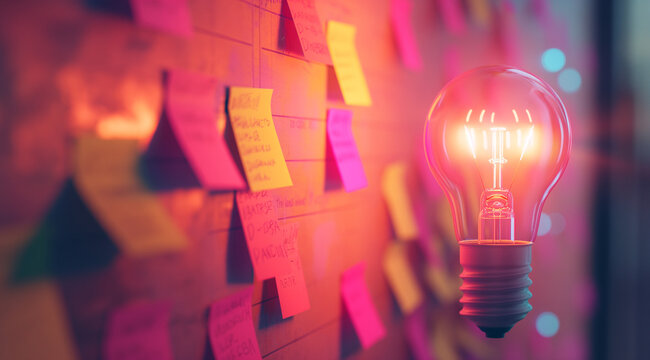 an idea bulb in a board with sticky notes on it, an environment of creativity and generativity 