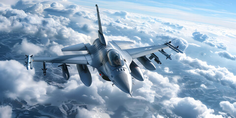A picture of a fighter jet flying in the sky, Fighter Jet Refueling, Fighter jet fighter in flight over the clouds 3d render an F16 fighter jet in the air.
 - obrazy, fototapety, plakaty