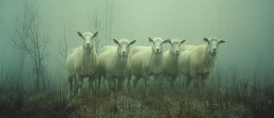 a four sheep standing in a field in the fog - obrazy, fototapety, plakaty