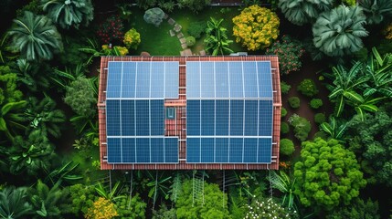 Solar panels on roof of house surrounded by trees viewed from above