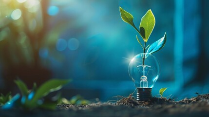 Capturing the essence of growth and innovation a plant springs from a lightbulb blue gradient enhancing - obrazy, fototapety, plakaty