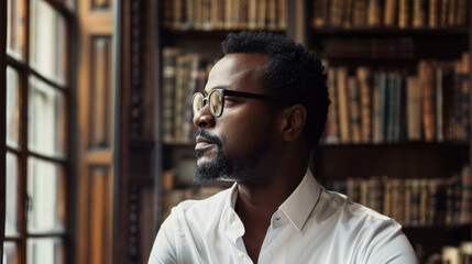 Portrait of an handsome black African American man in his 40s wearing glasses with formal slick...