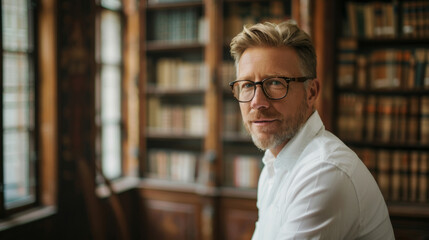 Portrait of an handsome blond hair caucasian white man in his 40s wearing glasses with formal slick hairstyle and smooth face wearing a white shirt in a luxury ancient library - obrazy, fototapety, plakaty
