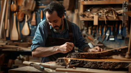 Young happy man cabinetmaker working with wood pieces in his workshop - obrazy, fototapety, plakaty