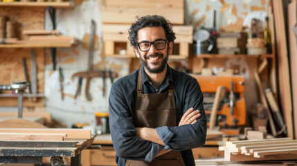 Young happy man cabinetmaker working with wood pieces in his workshop