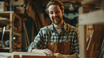 Young happy man cabinetmaker working with wood pieces in his workshop - obrazy, fototapety, plakaty