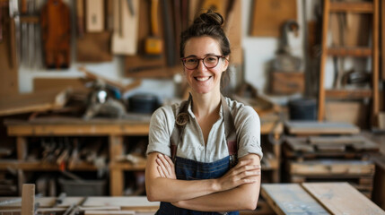 Portrait of a young happy woman cabinetmaker in her workshop