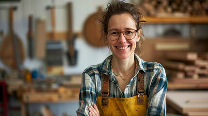 Portrait of a young happy woman cabinetmaker in her workshop - Powered by Adobe