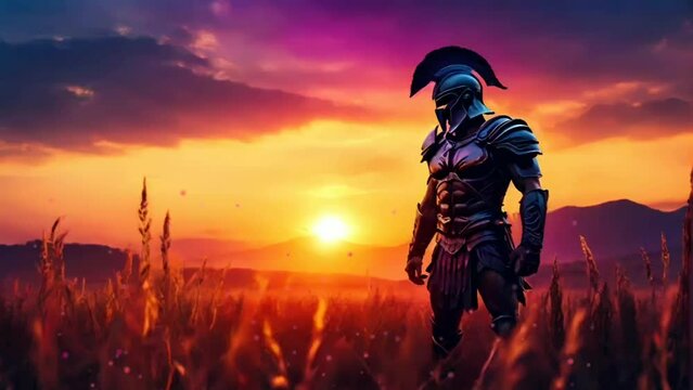 silhouette spartan warrior at stunning sunset, seamless looping video background animation	