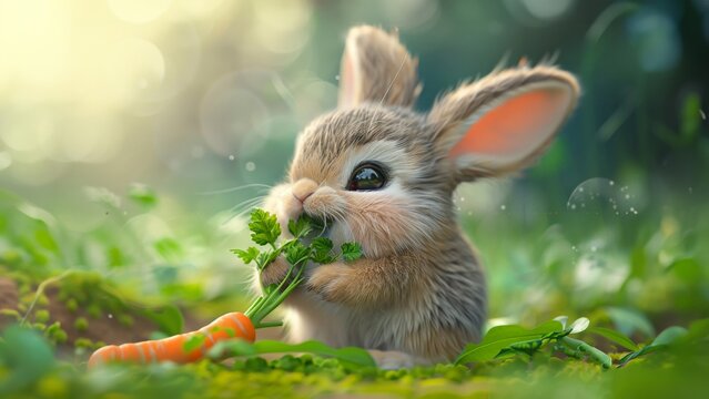 Adorable 3D artwork featuring a cute bunny enjoying a snack of carrot greens.