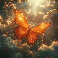 Photo sur Plexiglas Papillons en grunge Digital art of a butterfly escaping a dark cloud into bright skies, symbolizing the transition to happiness and mental health improvement no grunge