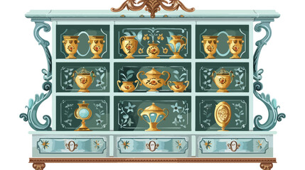 Ornate Rococo Cupboard with Ceramics flat vector 