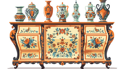 Ornate Rococo Cupboard with Ceramics flat vector 