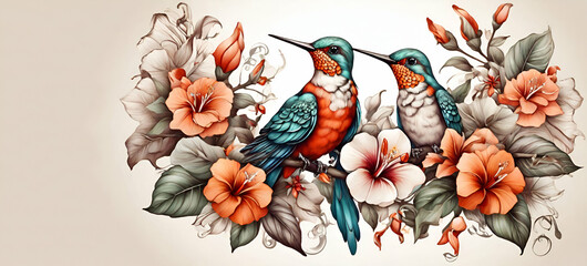 a painting of two birds sitting on a branch surrounded by flowers. generative ai