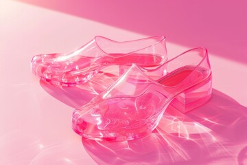 Pink transparent shoes on a pink background, sunlight. Fashionable shoes, glamorous chic