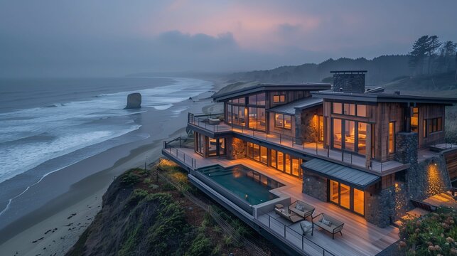Luxury Beachfront House with Pool at Twilight