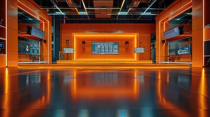 The front of an orange color industrial products in a TV studio. Generative AI.