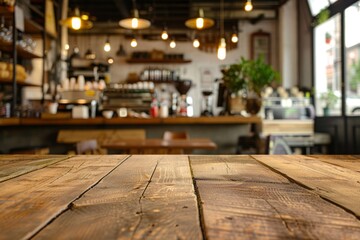 Wooden table on blur cafe, coffee shop, bar, background. Empty space for your product. - Powered by Adobe