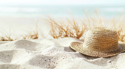 Straw hat lying on the sand on sea background
