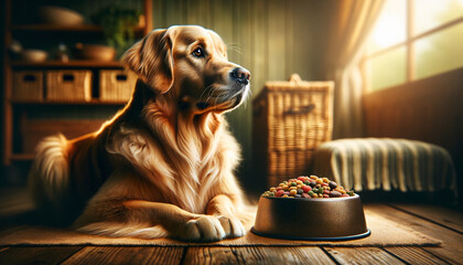 golden retriever sitting and waiting with bowl of dog food - obrazy, fototapety, plakaty