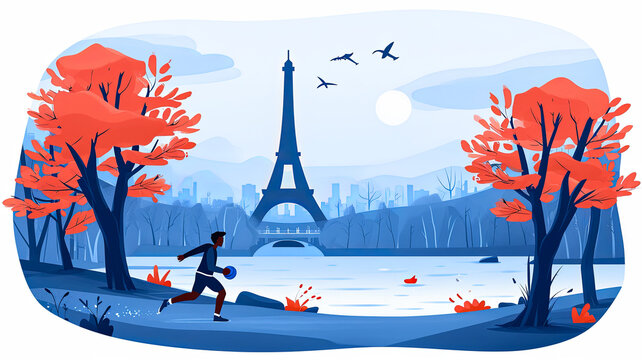 A man is running in a park near the Eiffel Tower. The sky is blue and the trees are red