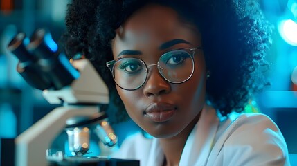 Medical Science Laboratory: Portrait of Beautiful Black Scientist Looking Under Microscope Does Analysis of Test Sample. Ambitious Young Biotechnology Specialist, working with Advanced Ai Generated  - obrazy, fototapety, plakaty