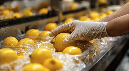 Close-up of hand with gloves packing lemons into plastic wraps on an assembly line. Generative AI. - obrazy, fototapety, plakaty