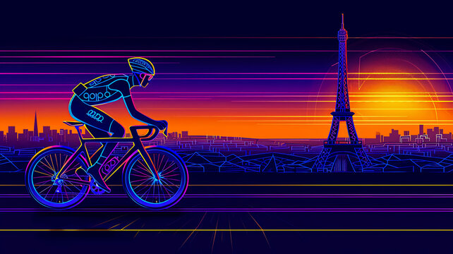 A man is riding a bicycle in front of the Eiffel Tower. The image has a vibrant and energetic feel, with the man's helmet and the colorful cityscape in the background