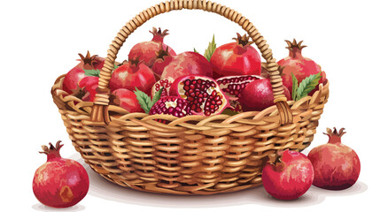 Picnic Basket Filled with Pomegranates flat vector isolated