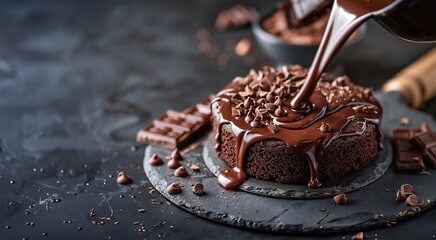 Chocolate cake, melting pour, dark setting - obrazy, fototapety, plakaty