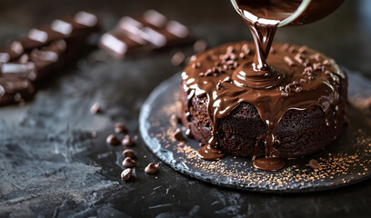 Dark background, chocolate cake indulgence pour