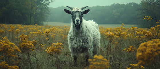 a goat standing in a field of yellow flowers - obrazy, fototapety, plakaty
