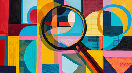 magnifying glass placed on colorful painted surface magnifying the details of artistic colors