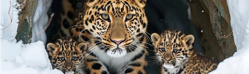 Amur leopard with his new born cubs hiding on cold snowy den in wild banner design - obrazy, fototapety, plakaty