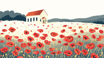 Poppy Field with a Vintage House flat vector isolated