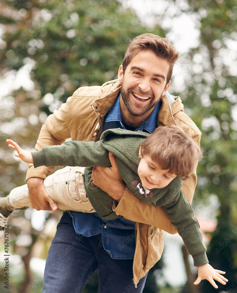 Wall mural Father, child and outdoor playing airplane in backyard nature for happiness together, family or game. Male person, son and forest weekend for bonding connection or childhood fun, vacation or love