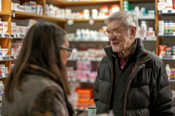 Professional Photography of a Pharmacy Shop Assistant Assisting Elderly or Disabled Customers With Accessing Medications or Navigating The Pharmacy Environment, Generative AI