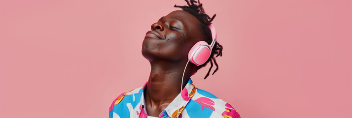 person in a colourful shirt listening to music in pink headphones on pink background.  - obrazy, fototapety, plakaty