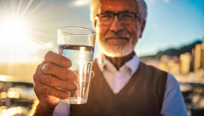 Closeup of a wrinkled hand of an elderly man holding a glass of fresh water, concept of correct hydration of the human body in adulthood. Generative Ai. - obrazy, fototapety, plakaty