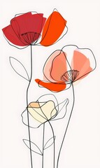several poppy flowers, red and orange and pink colors, simple line art, minimalistic design for fashion brand on true white background