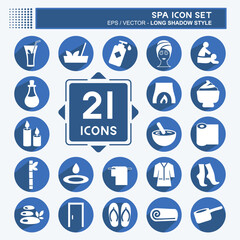 Spa Icon Set in trendy long shadow style isolated on soft blue background