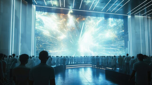 Big futuristic video screen with a crowd watching it. Generative AI.