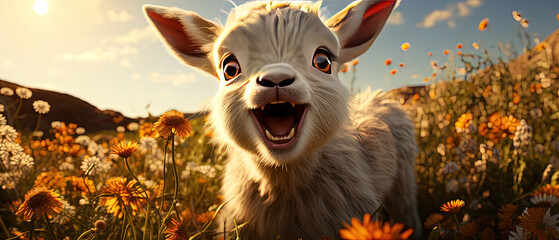 a goat that is standing in a field of flowers - obrazy, fototapety, plakaty