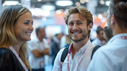 Happy, laughing staff or participants listening to a startup business owner at a trade show exhibition event. Generative AI.