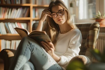 Obraz premium A beautiful young woman with glasses is sitting on an armchair in office filled with sunlight. she is thoughtfully reading a book with in her hand. generative AI